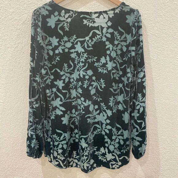 Jade Johnny Was Green Silk Floral Velvet Burnout Tiered Long Sleeve Top Small - Picture 7 of 10